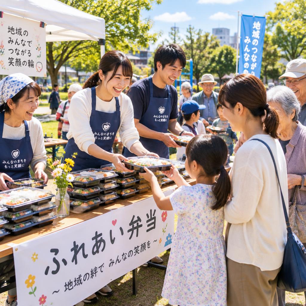 地域のイベントで笑顔でお弁当を手渡すスタッフ