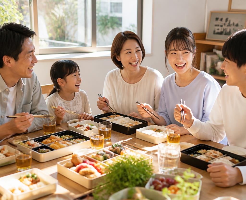 陽の差すテーブルでお弁当を囲み笑い合う家族